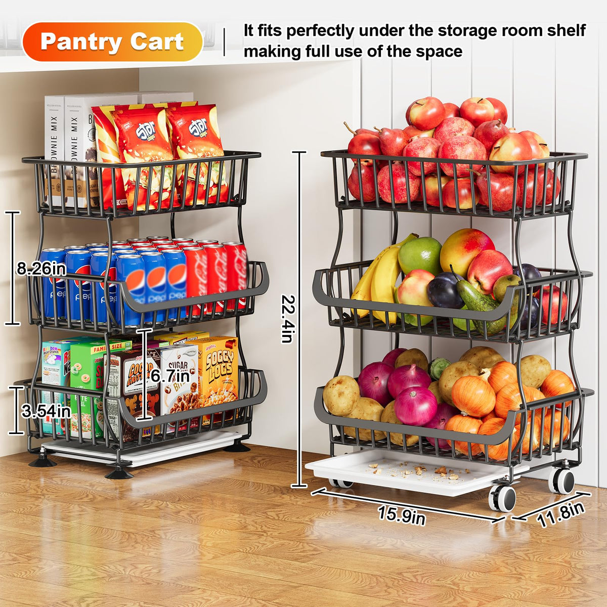 Kzeirm three-tier wire rack keeps snacks and produce neatly organized.