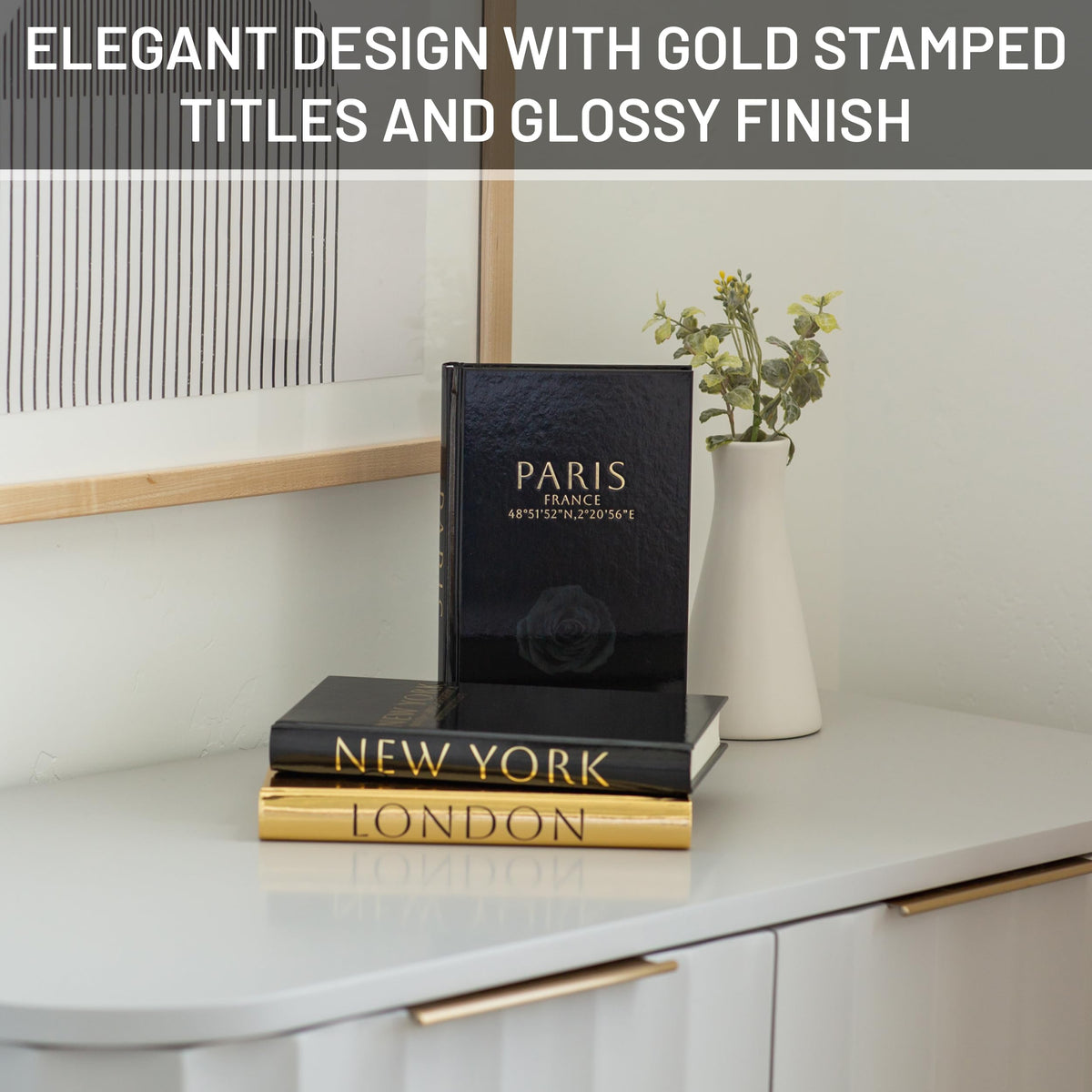L’AMOUR HOME DECOR vignette on a shelf creates visual interest.