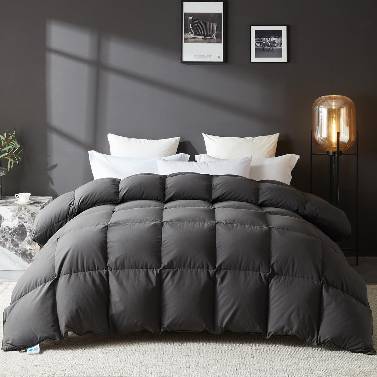 L LOVSOUL goose feather down fiber comforter on oversize king bed for luxurious warmth.