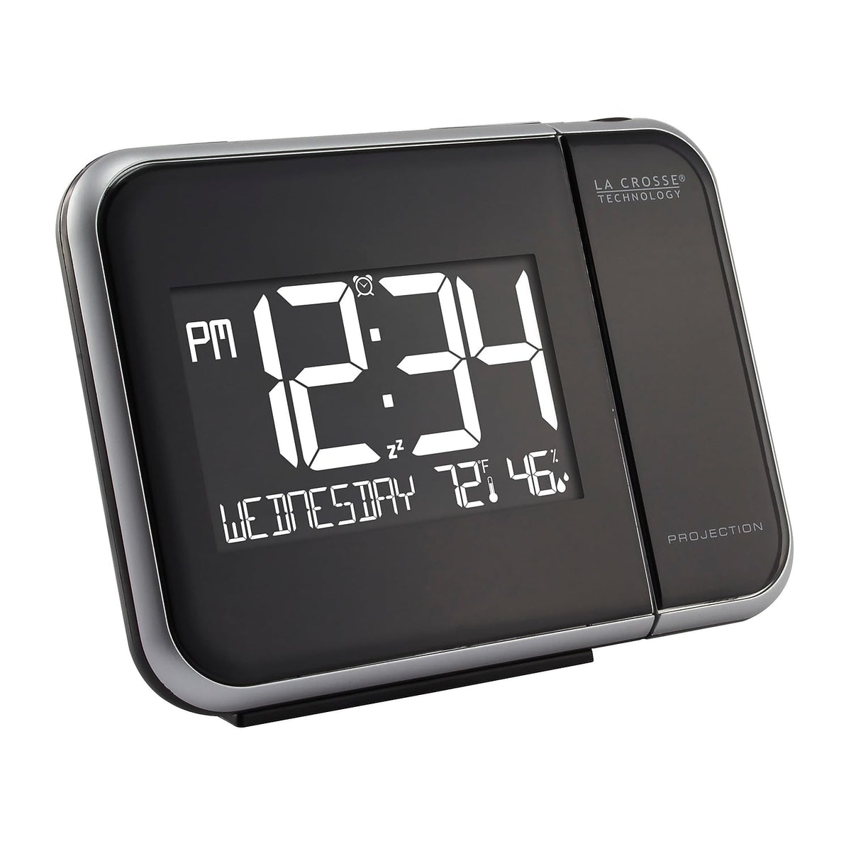 La Crosse 616-1412 time projection on wall or ceiling for easy wake-up reading.