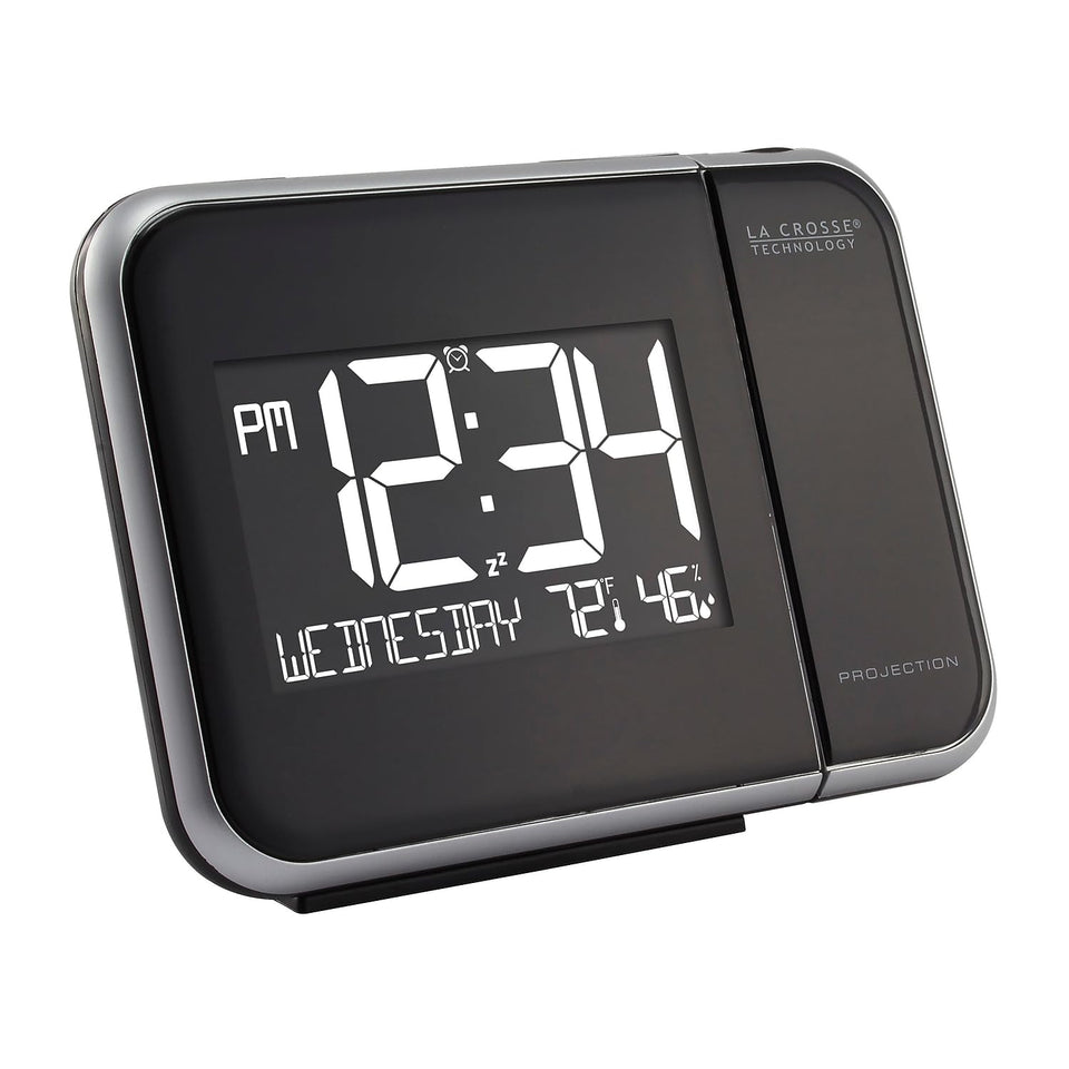 La Crosse 616-1412 time projection on wall or ceiling for easy wake-up reading.