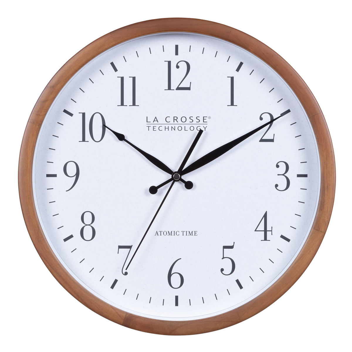 La Crosse Technology atomic wall clock with wood frame adds classic elegance.