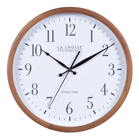 La Crosse Technology atomic wall clock with wood frame adds classic elegance.