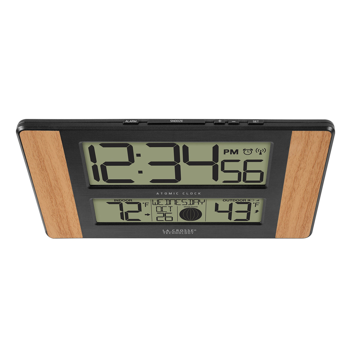 Close-up of the La Crosse Technology display showing calendar and moon phase.