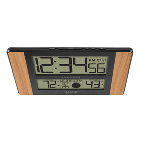 Close-up of the La Crosse Technology display showing calendar and moon phase.