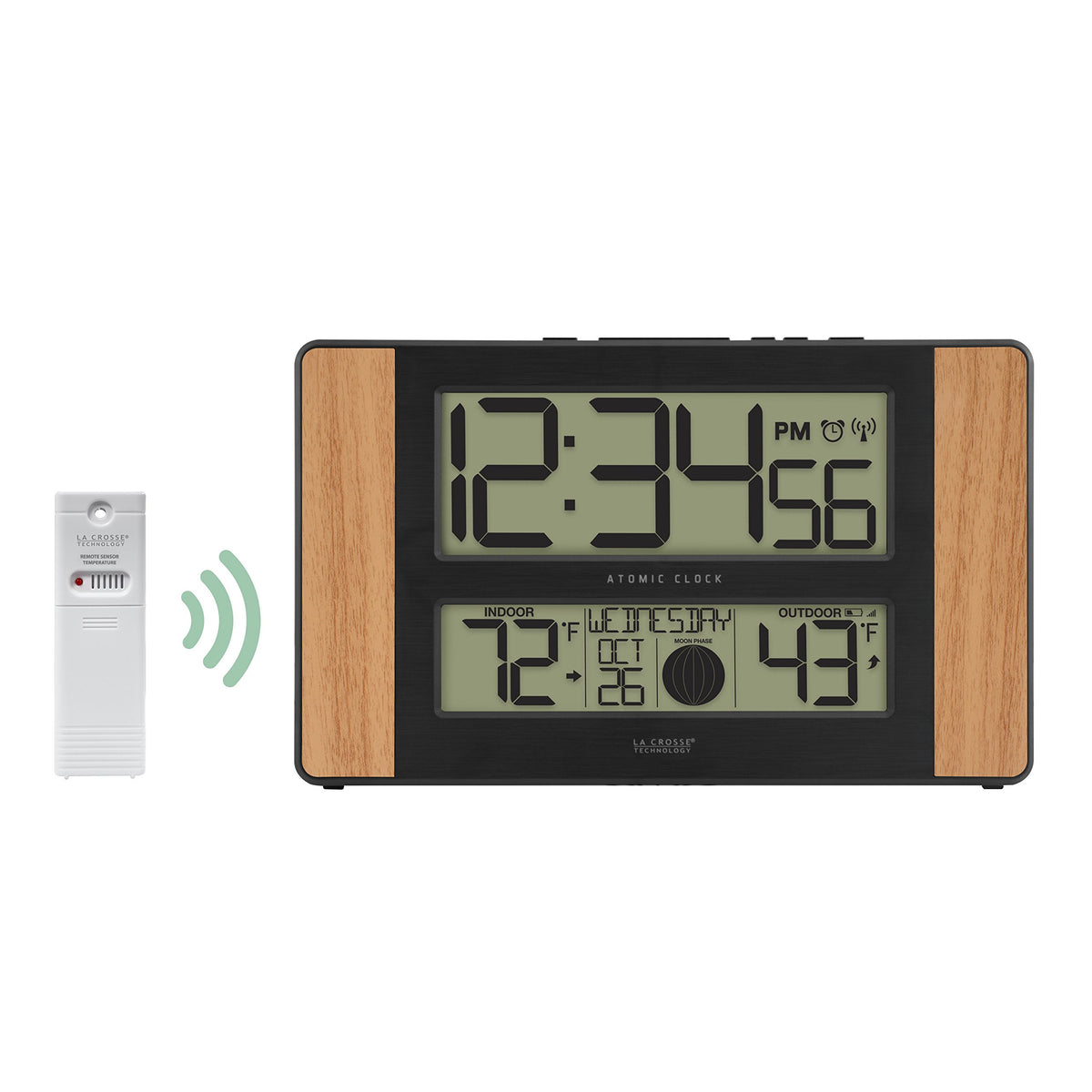 Wall mount or fold-out leg stand enables flexible placement of the La Crosse clock.