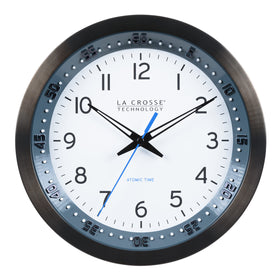 La Crosse Technology atomic wall clock 10-inch front view showcases precise time at a glance