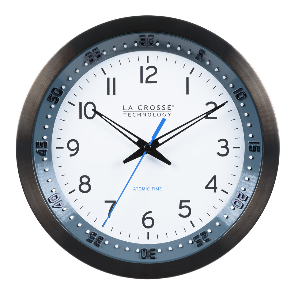 La Crosse Technology atomic wall clock 10-inch front view showcases precise time at a glance
