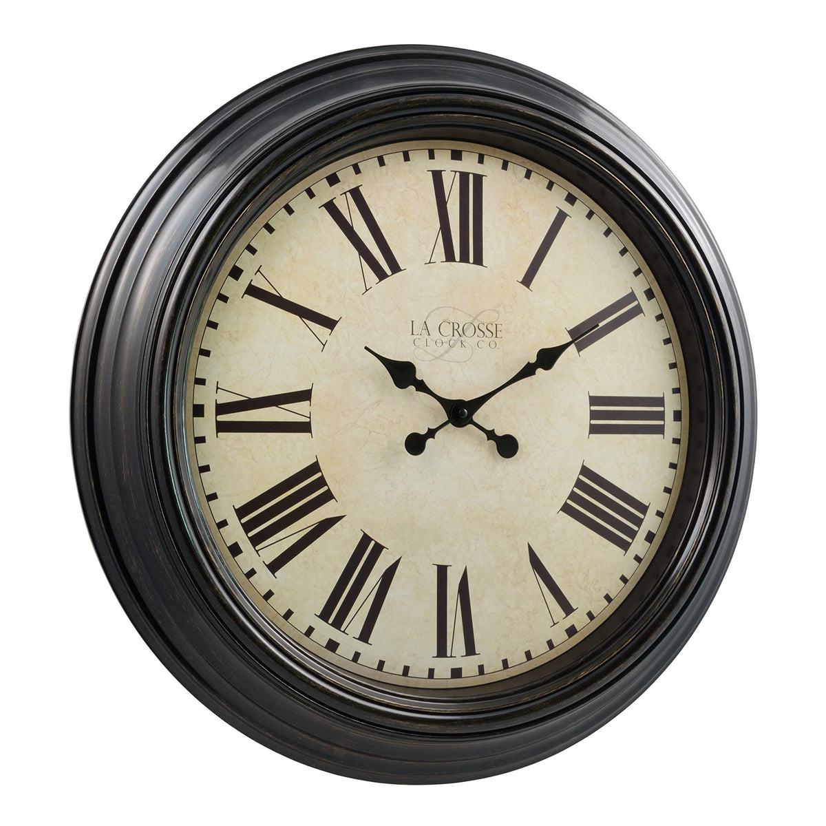 La Crosse Maxwell 23in clock dial closeup demonstrates legible Roman numerals on off-white face.
