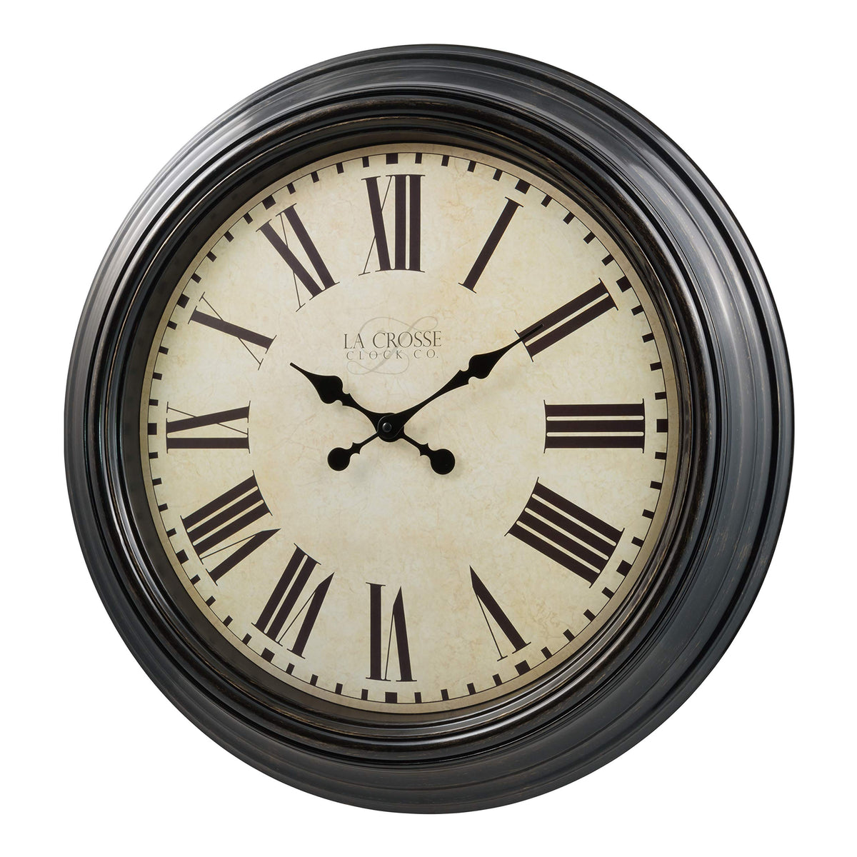 La Crosse Maxwell 23in clock frame closeup shows antique bronze faux wood finish.