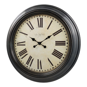 La Crosse Maxwell 23in clock frame closeup shows antique bronze faux wood finish.