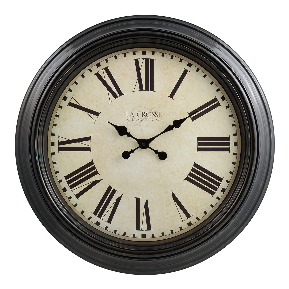 La Crosse Maxwell 23in clock front view highlights bold presence in large spaces.