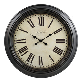 La Crosse Maxwell 23in clock front view highlights bold presence in large spaces.