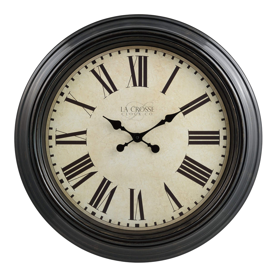 La Crosse Maxwell 23in clock front view highlights bold presence in large spaces.