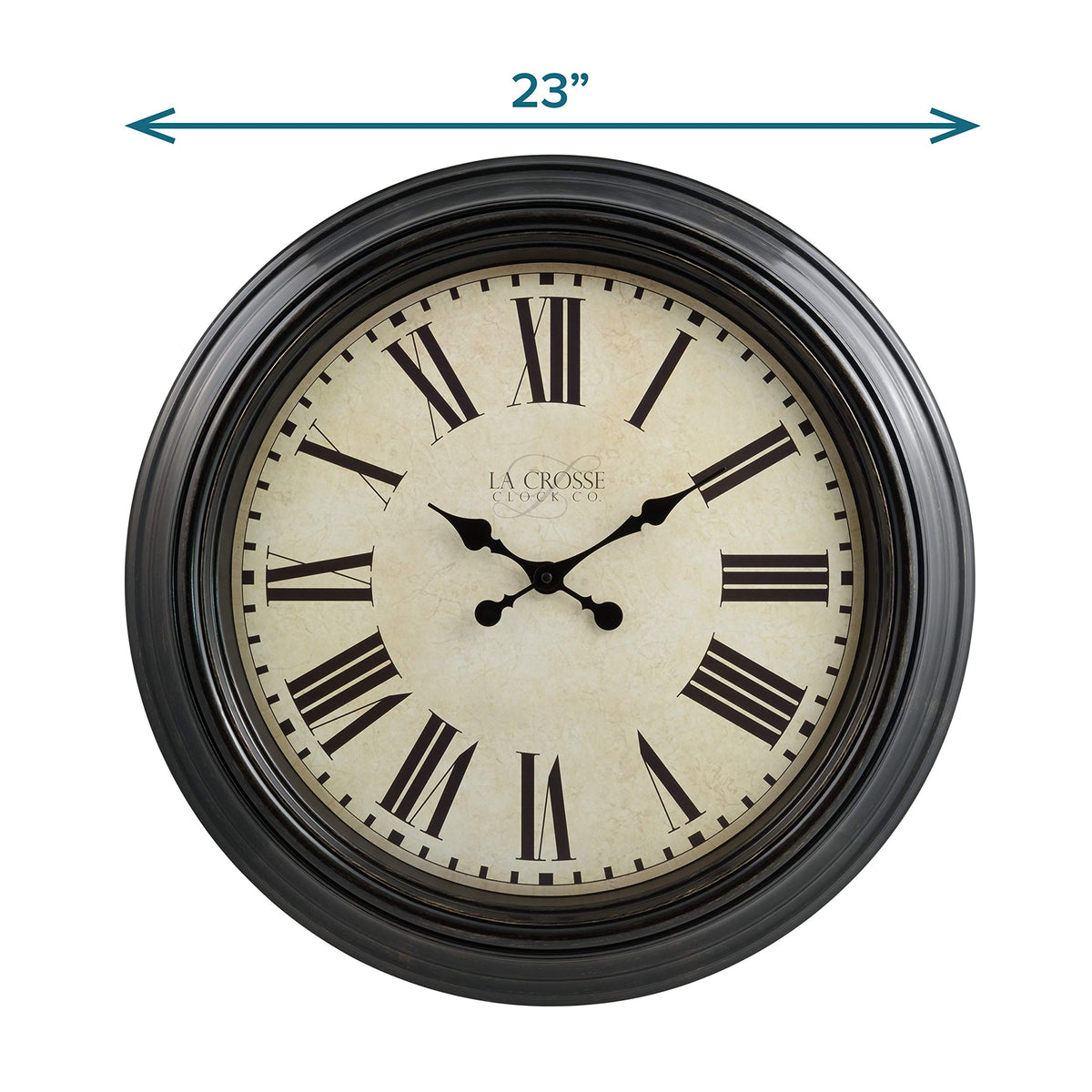 La Crosse Maxwell 23in clock wall mount view illustrates simple battery-powered setup.