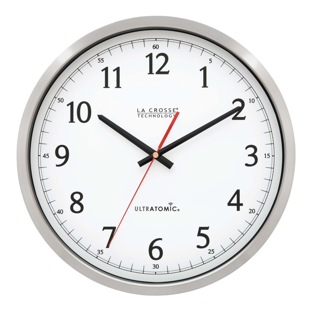 La Crosse UltrAtomic 14in stainless frame clock for modern spaces with precise time.