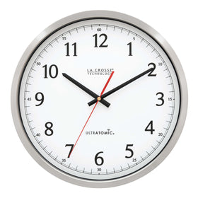 La Crosse UltrAtomic 14in stainless frame clock for modern spaces with precise time.