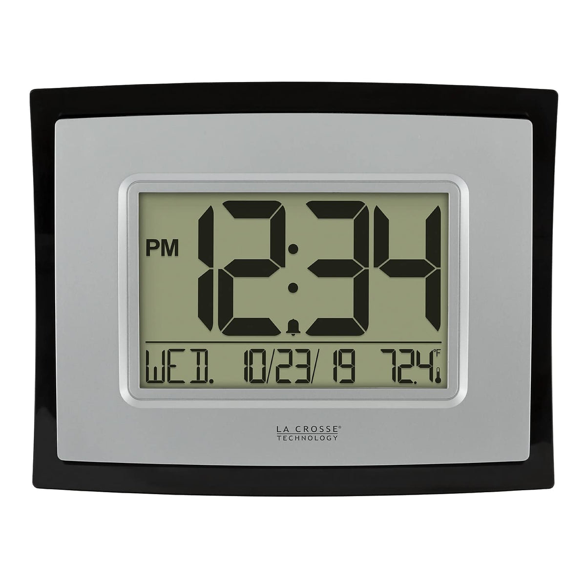 La Crosse Technology WT-8002U wall clock front view showing time, date, and temperature.