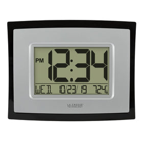 La Crosse Technology WT-8002U wall clock front view showing time, date, and temperature.