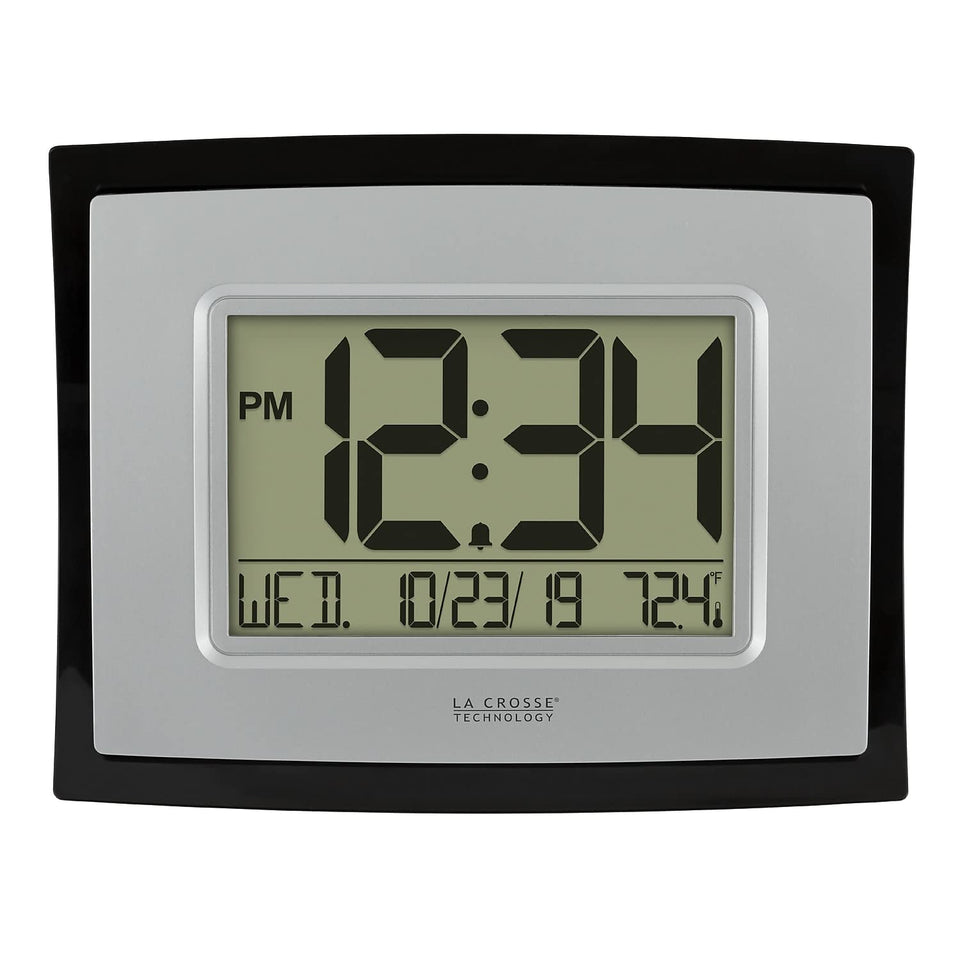 La Crosse Technology WT-8002U wall clock front view showing time, date, and temperature.