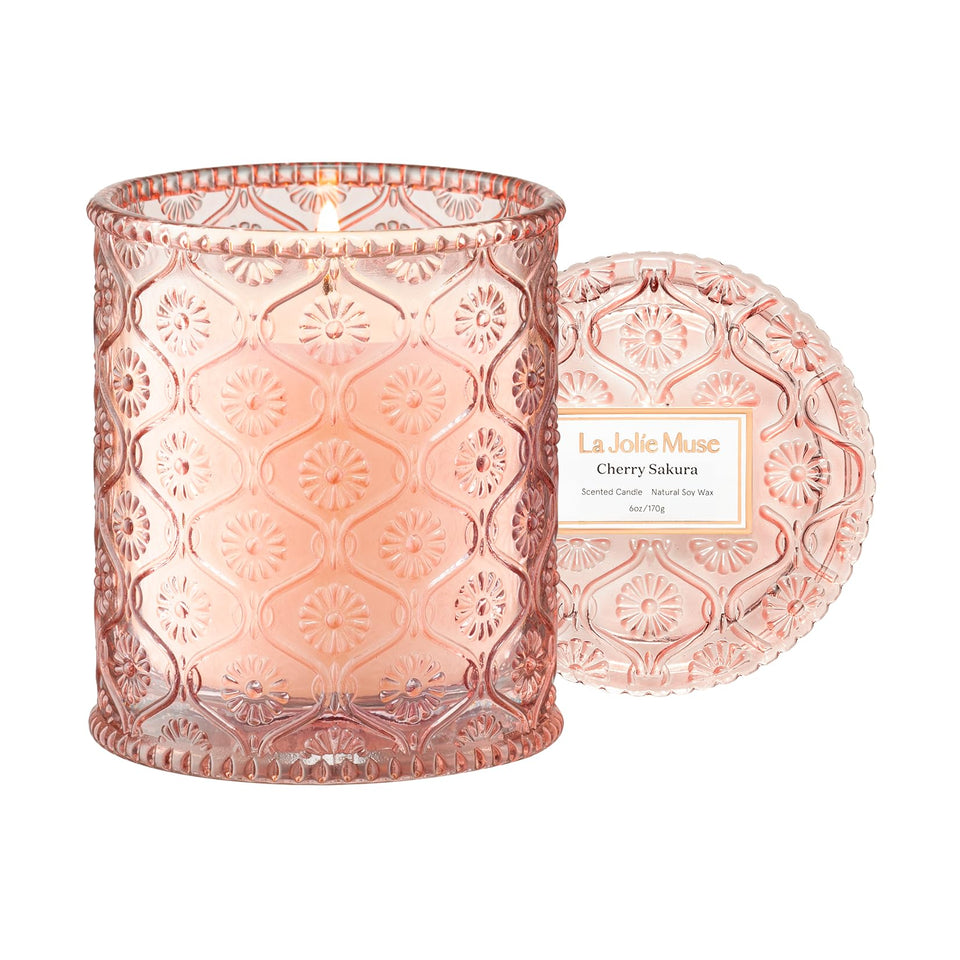 LA JOLIE MUSE Cherry Sakura Candle jar highlights cherry blossom aroma for tranquil spaces.