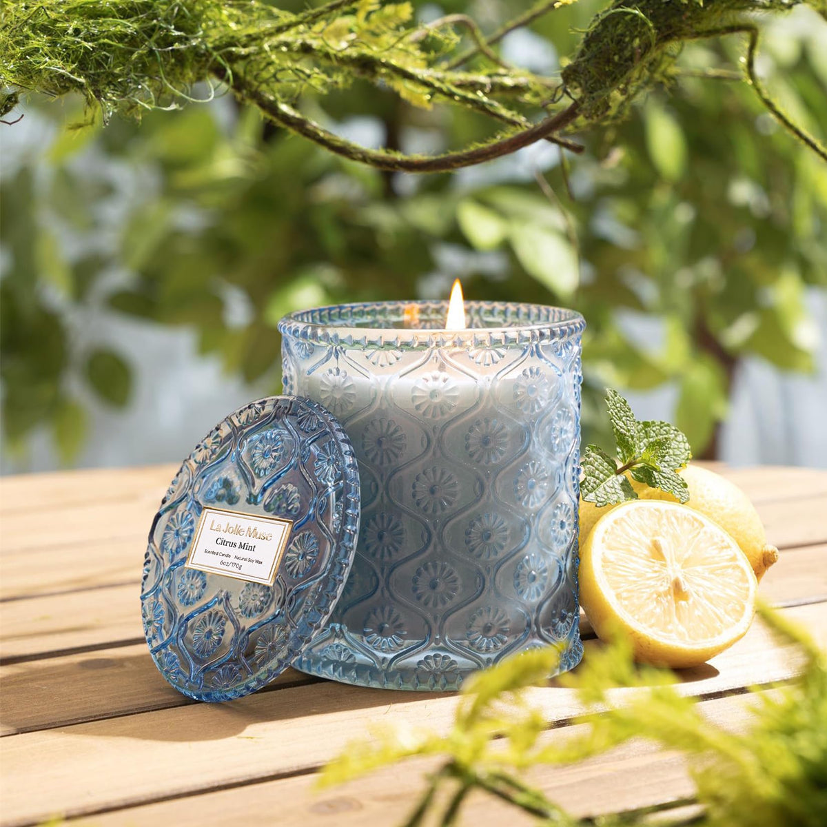 Mint heart note close-up on Citrus Mint Candle for calming evenings.