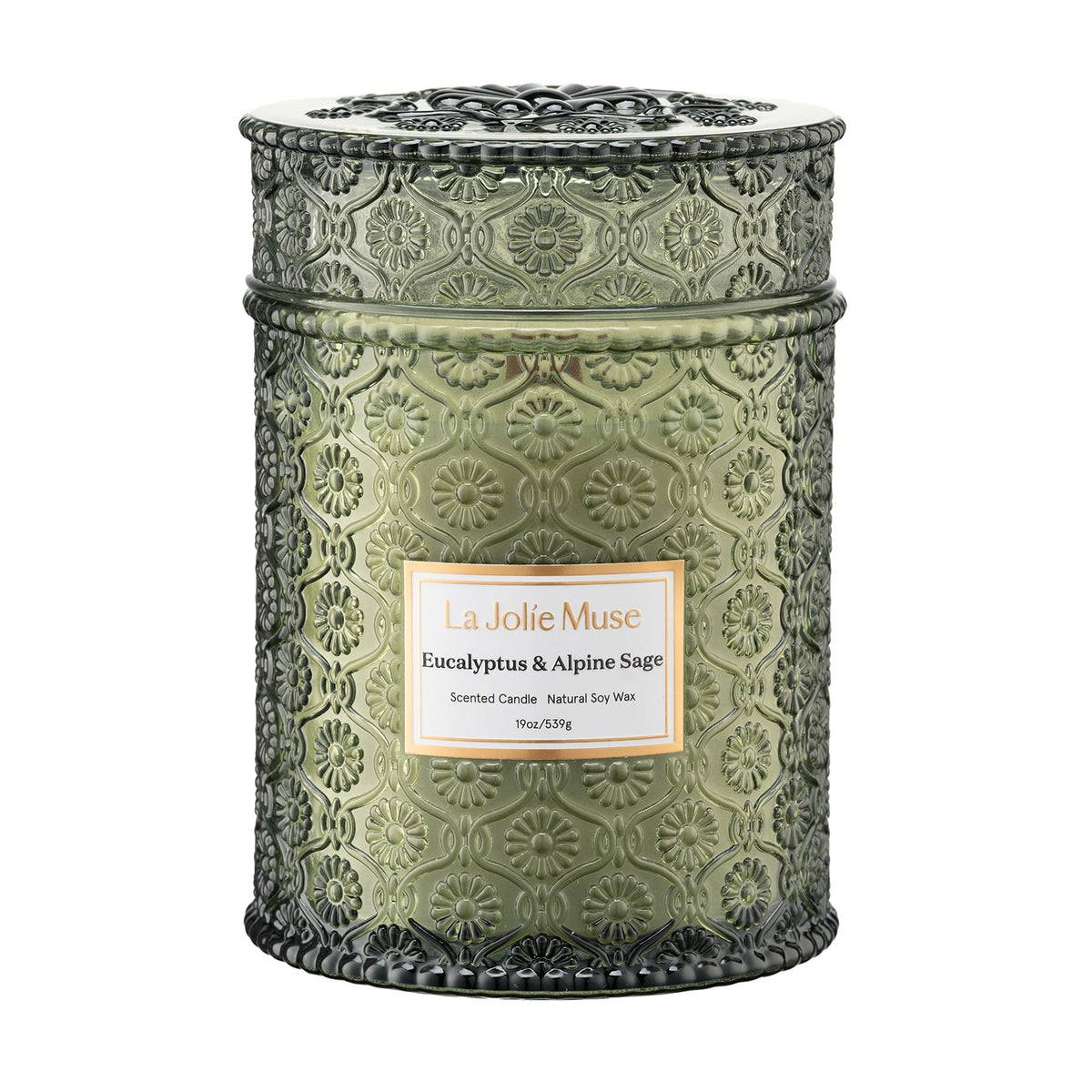 LA JOLIE MUSE daisy-embossed jar enhances décor while inviting aroma