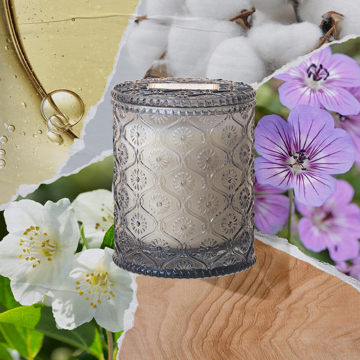 LA JOLIE MUSE embossed daisy jar detail adds elegant home ambiance.