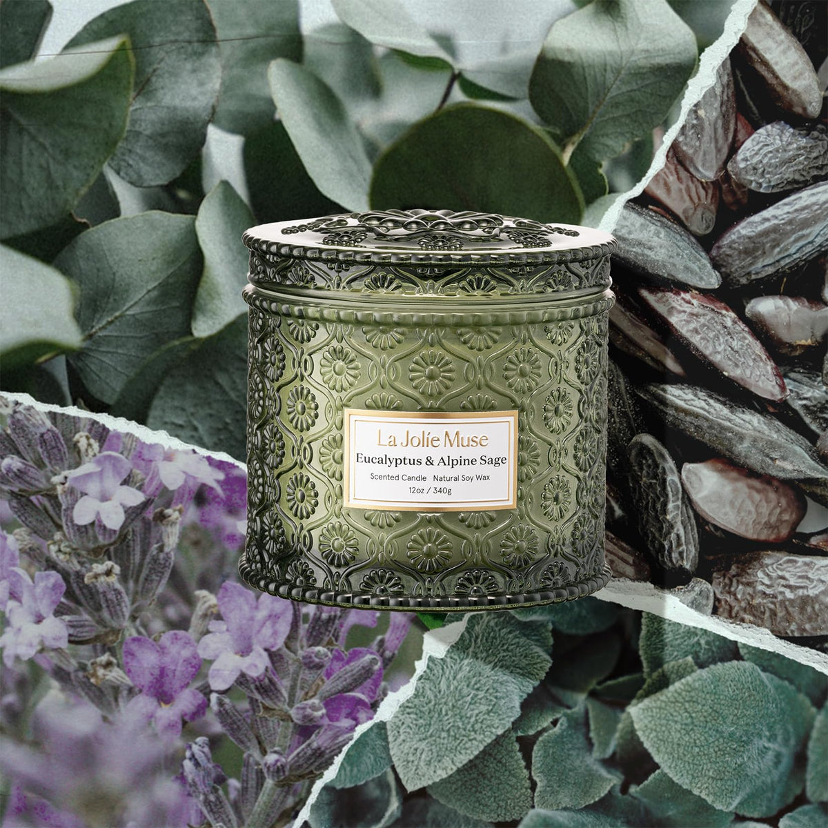 LA JOLIE MUSE Eucalyptus & Alpine Sage label close-up with embossed daisies