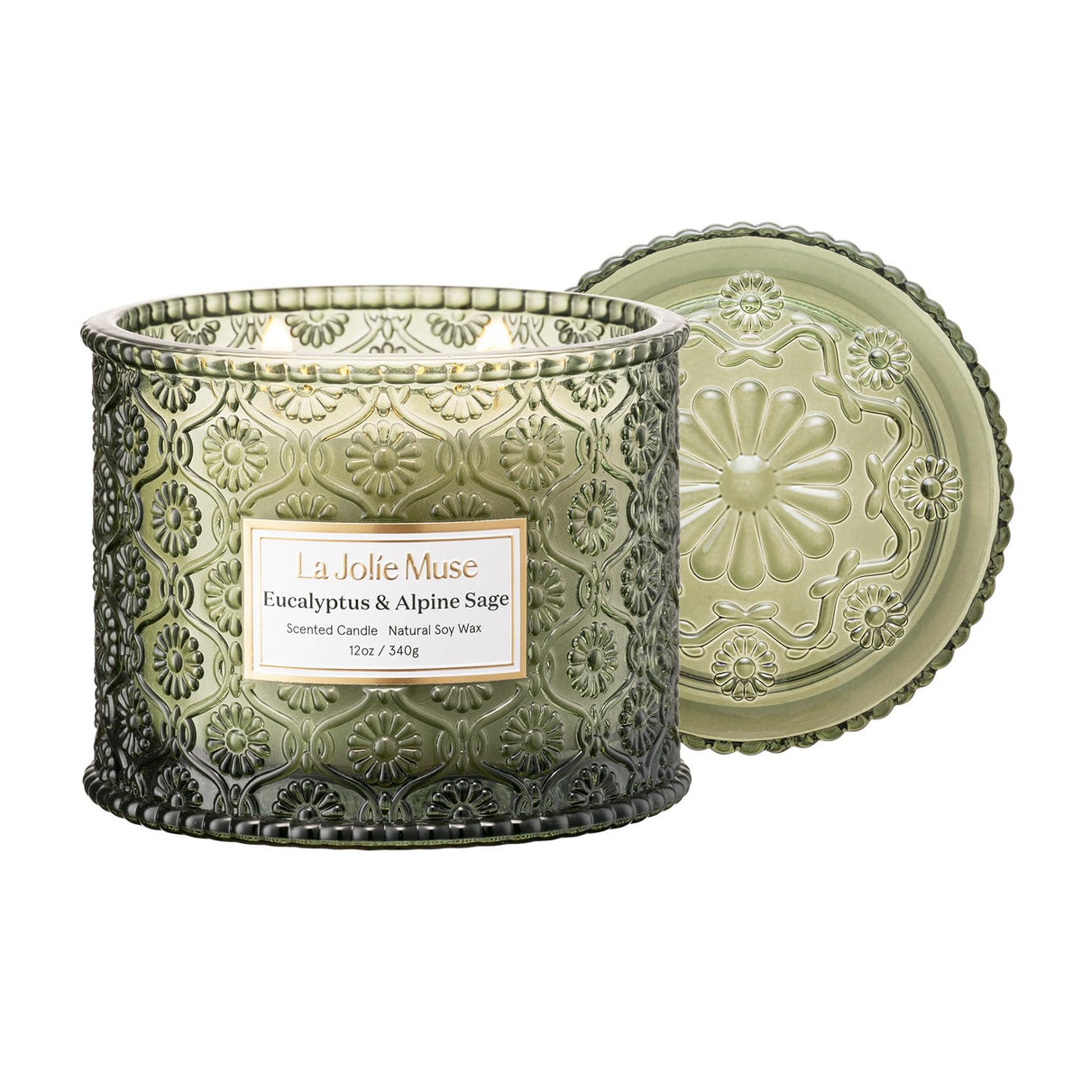 LA JOLIE MUSE Eucalyptus & Alpine Sage candle jar glowing for a cozy living room ambiance