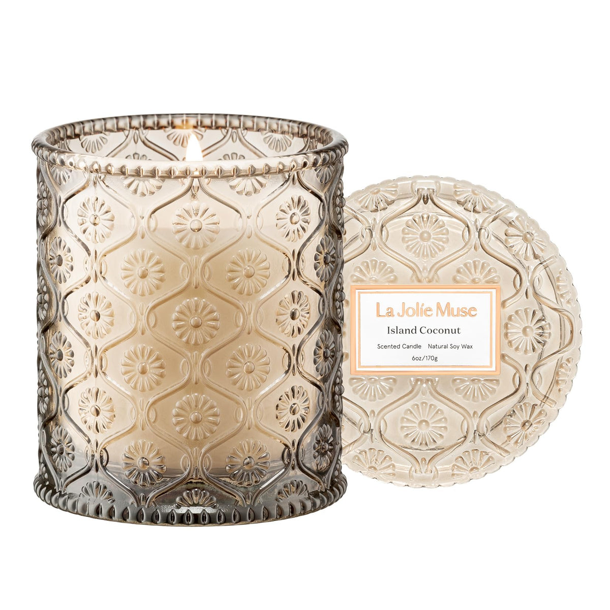 LA JOLIE MUSE island coconut embossed jar adds tropical charm to any room.