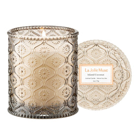 LA JOLIE MUSE island coconut embossed jar adds tropical charm to any room.
