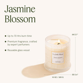 LA JOLIE MUSE Jasmine Candle 10oz packaging highlights generous burn time.