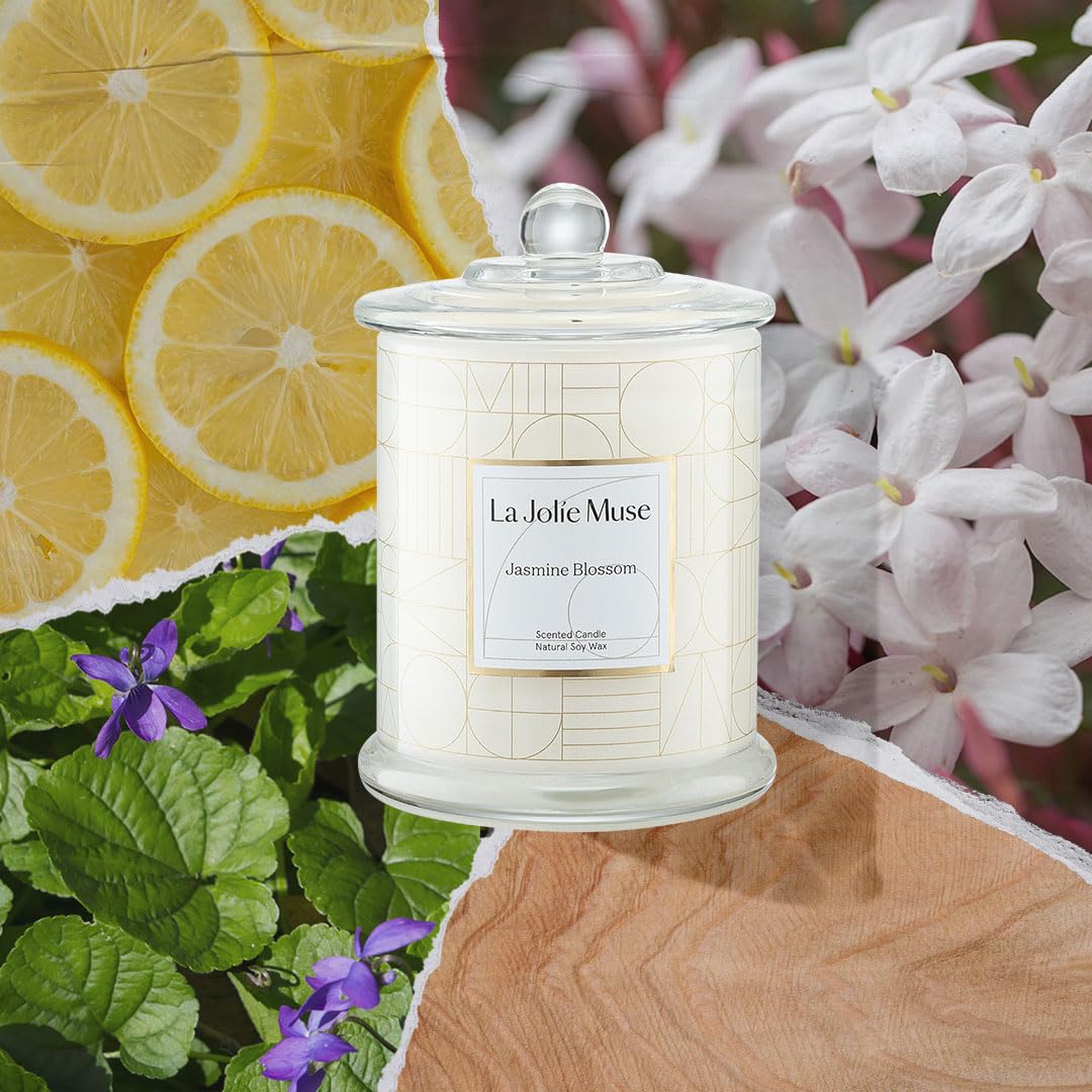 LA JOLIE MUSE Jasmine Candle glass vessel exudes elegant decor and clean-burn vibes.
