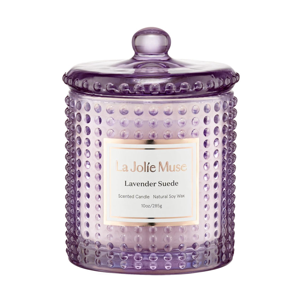 LA JOLIE MUSE Lavender Suede Candle jar creating calming ambience