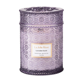 LA JOLIE MUSE Lavender Suede Candle with wood wick creating warm ambiance