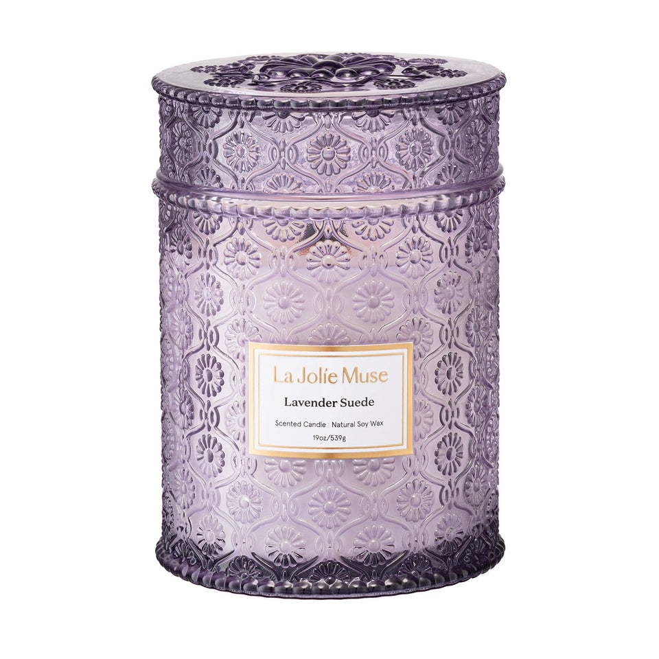 LA JOLIE MUSE Lavender Suede Candle with wood wick creating warm ambiance