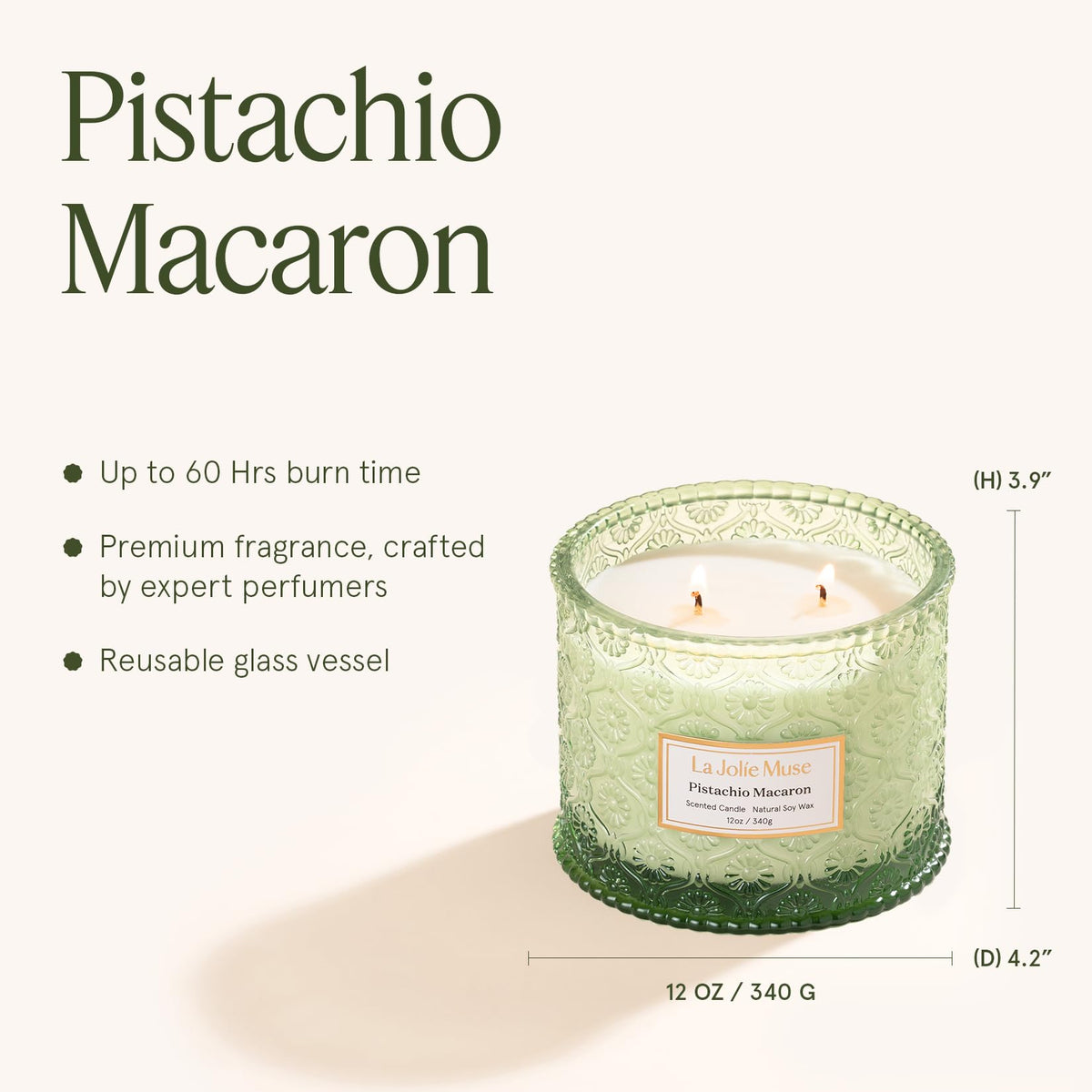 LA JOLIE MUSE Pistachio Macaron Candle glass vessel is reusable after use.