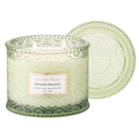 LA JOLIE MUSE Pistachio Macaron Candle jar showcases elegant decor for warm evenings.
