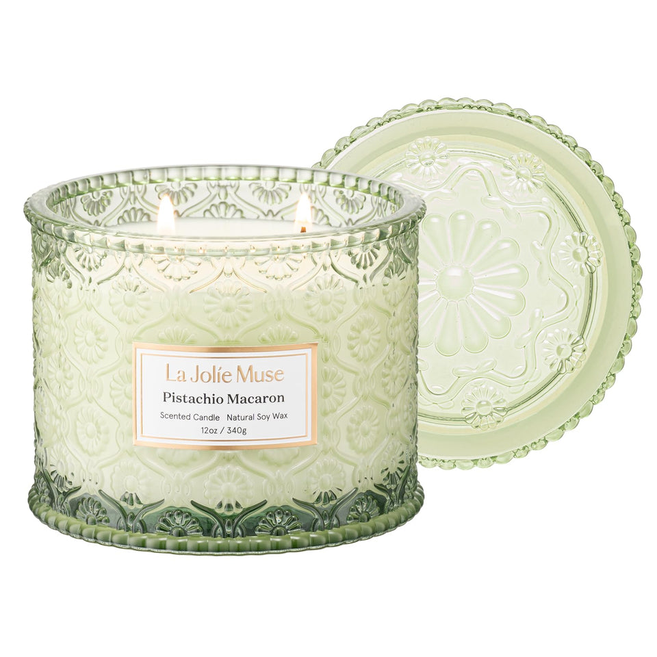 LA JOLIE MUSE Pistachio Macaron Candle jar showcases elegant decor for warm evenings.