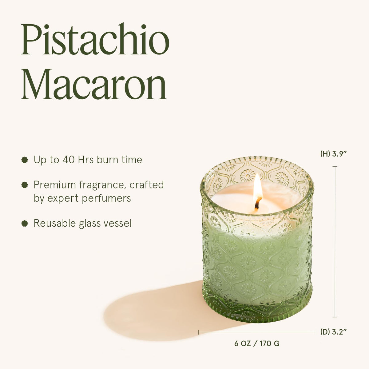 LA JOLIE MUSE Pistachio Macaron candle glass vessel showcases reusable packaging.