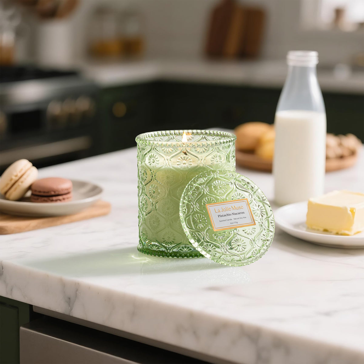 LA JOLIE MUSE Pistachio Macaron candle wick in use for clean even burn.