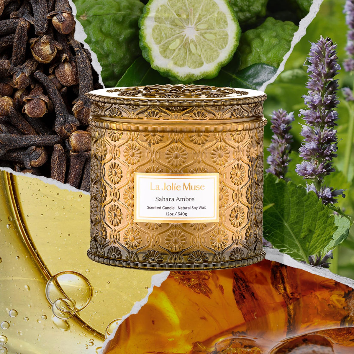 Decorative embossed daisy jar complements rooms with warm amber light.