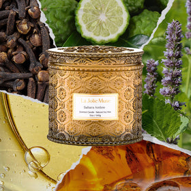 Decorative embossed daisy jar complements rooms with warm amber light.