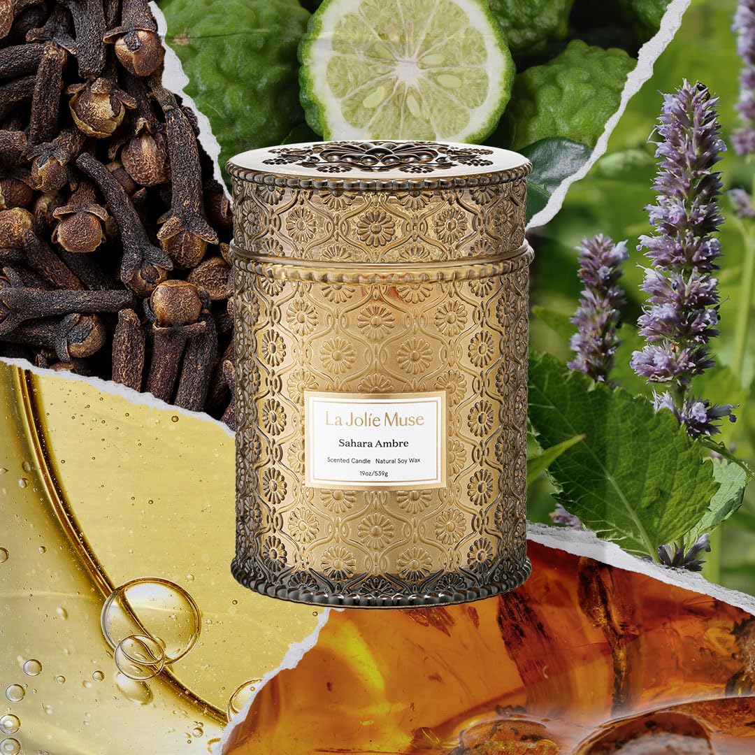 LA JOLIE MUSE Sahara Amber Candle fragrance-notes highlight bergamot and amber warmth.
