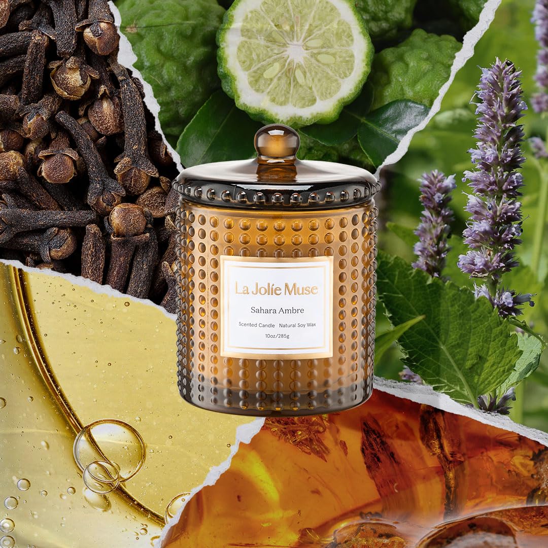 La Jolie Muse Sahara Amber candle close-up shows bergamot, clove, amber notes