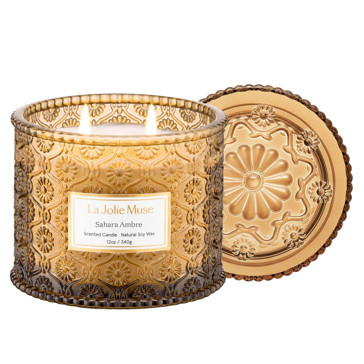 LA JOLIE MUSE Sahara Amber Candle jar detail enhances décor and aroma.