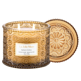 LA JOLIE MUSE Sahara Amber Candle jar detail enhances décor and aroma.