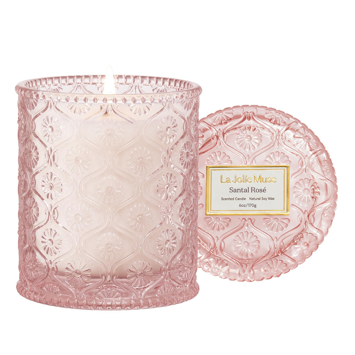 LA JOLIE MUSE Santal Rose candle in embossed jar for elegant décor.