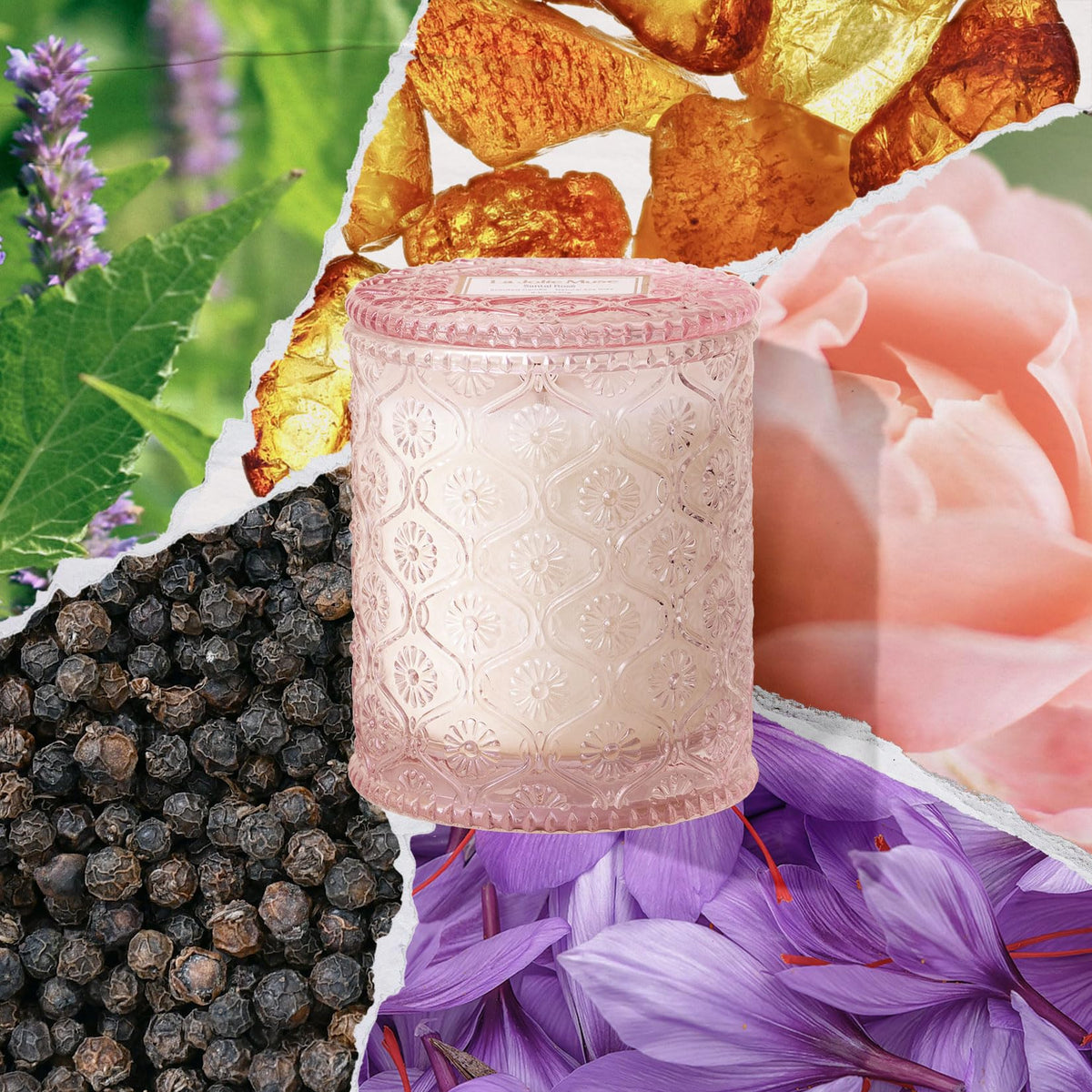 LA JOLIE MUSE Santal Rose candle with rose bloom aroma for soothing spaces.